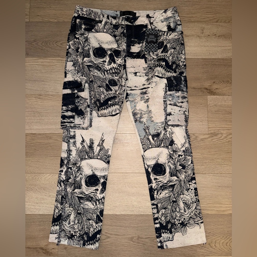 Skeleton Grunge Navy/Ivory Tapestry Heavyweight Straight Cargo Pants 36x32 NEW🔥 - Picture 1 of 11